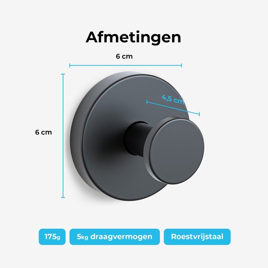 Zwarte haak met afmetingen 6x6cm en 4,5cm diepte. 175g, 5kg draagkracht, roestvrij staal.