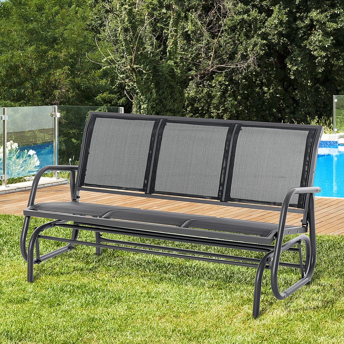 MODFU Tuinschommelbank Voor 3 Personen - Schommelfunctie - Metaal - Zwart - 147 X 75 X 85 Cm