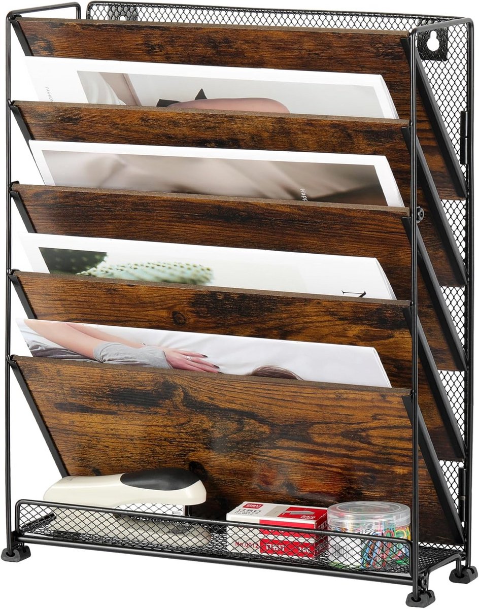 Bureau-organizer met 6 niveaus - Houten wandmagazijn voor documenten en tijdschriften