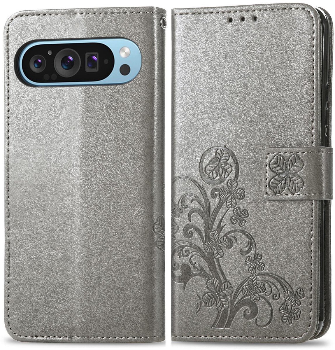 Mobigear Telefoonhoesje geschikt voor Google Pixel 10 Pro Hoesje | Mobigear Clover Bookcase Portemonnee | Pasjeshouder voor 3 Pasjes | Telefoonhoesje voor Pinpas / OV Kaart / Rijbewijs - Grijs