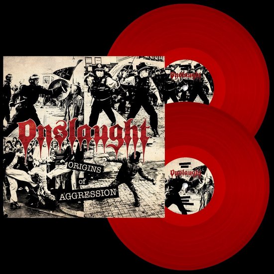 Twee rode vinylplaten, waarvan er één de hoes van "Onslaught - Origins of Aggression" dekt. De hoes toont een zwart-witafbeelding van een protest met politie.