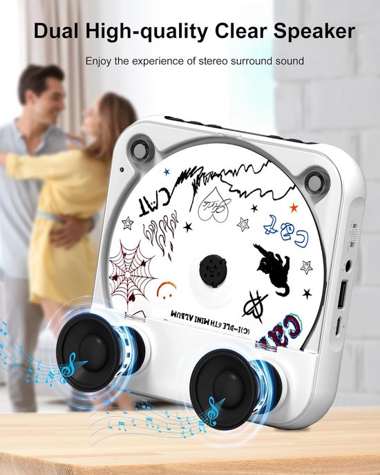 Draagbare cd-speler met Bluetooth 5.3 - wit, 2000 mAh, ondersteunt CD/USB/SD/AUX, voor thuis en reis — afbeelding 4