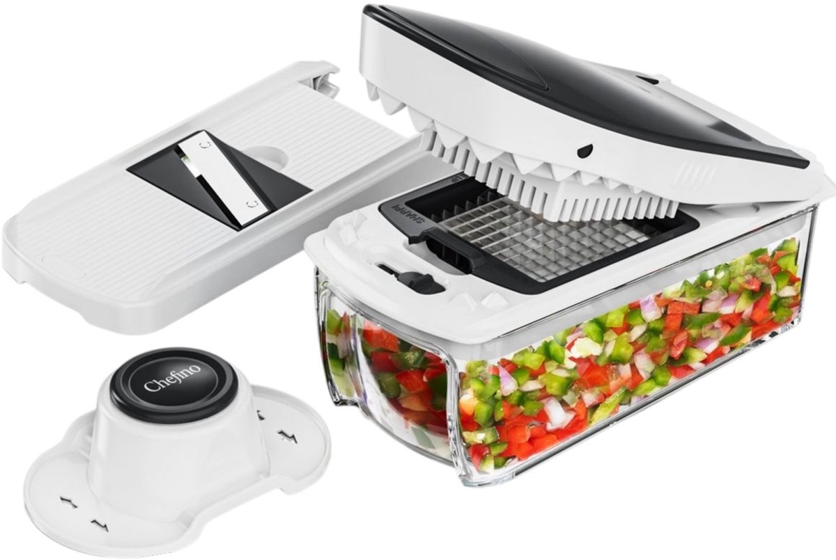 Groentesnijder Set met Opvangbak – Mandoline Snijder – 8 RVS Messen – Uiensnijder & Blokjessnijder – Groentehakker – Keuken Snijapparaat – Inclusief Rasp en Julienne