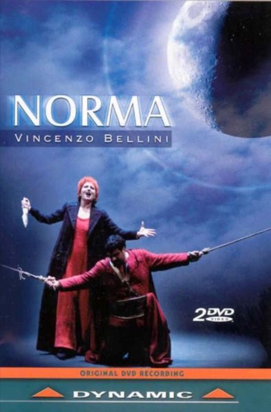 DVD-hoes van 'Norma' door Vincenzo Bellini, met twee artiesten in kostuums onder een maan.