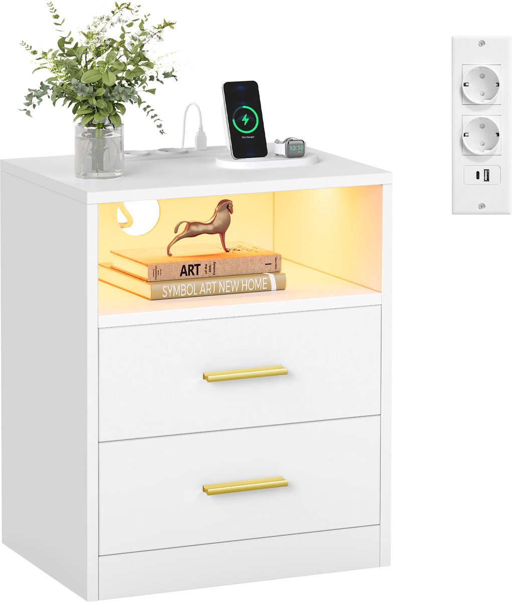 VASAGLE - Nachtkastje - Met Oplaadstation - LED-Verlichting - 2 Stopcontacten en USB-Poorten