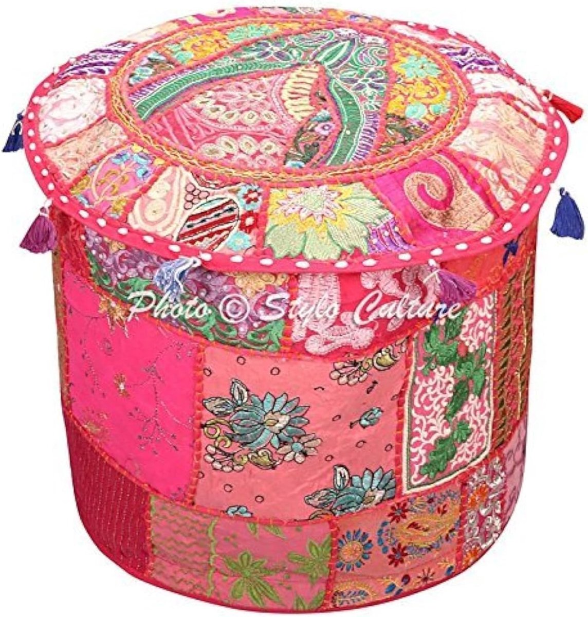 Ottomaanse Poef Cover - Voetenbank Patchwork - Zitmeubel Decoratie - Unieke Vintage Stof - 55x55x35cm - Roze