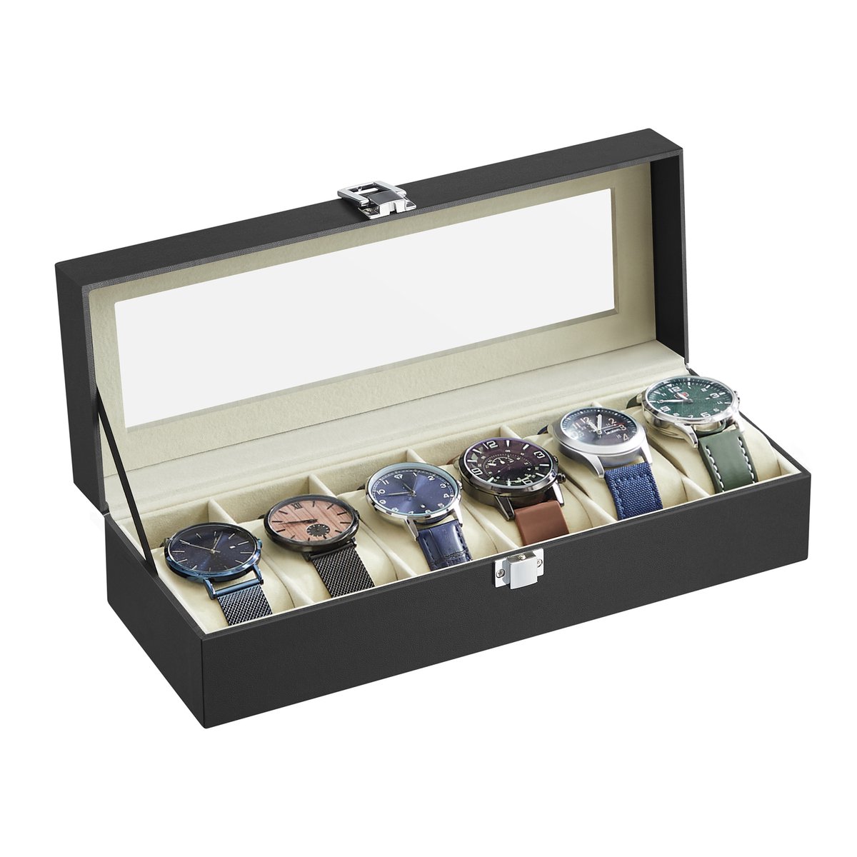 SONGMICS JWB06BE - horlogebox met 6 Vakken - Glazen Deksel - Uitneembare Kussens - PU Leren Bekleding