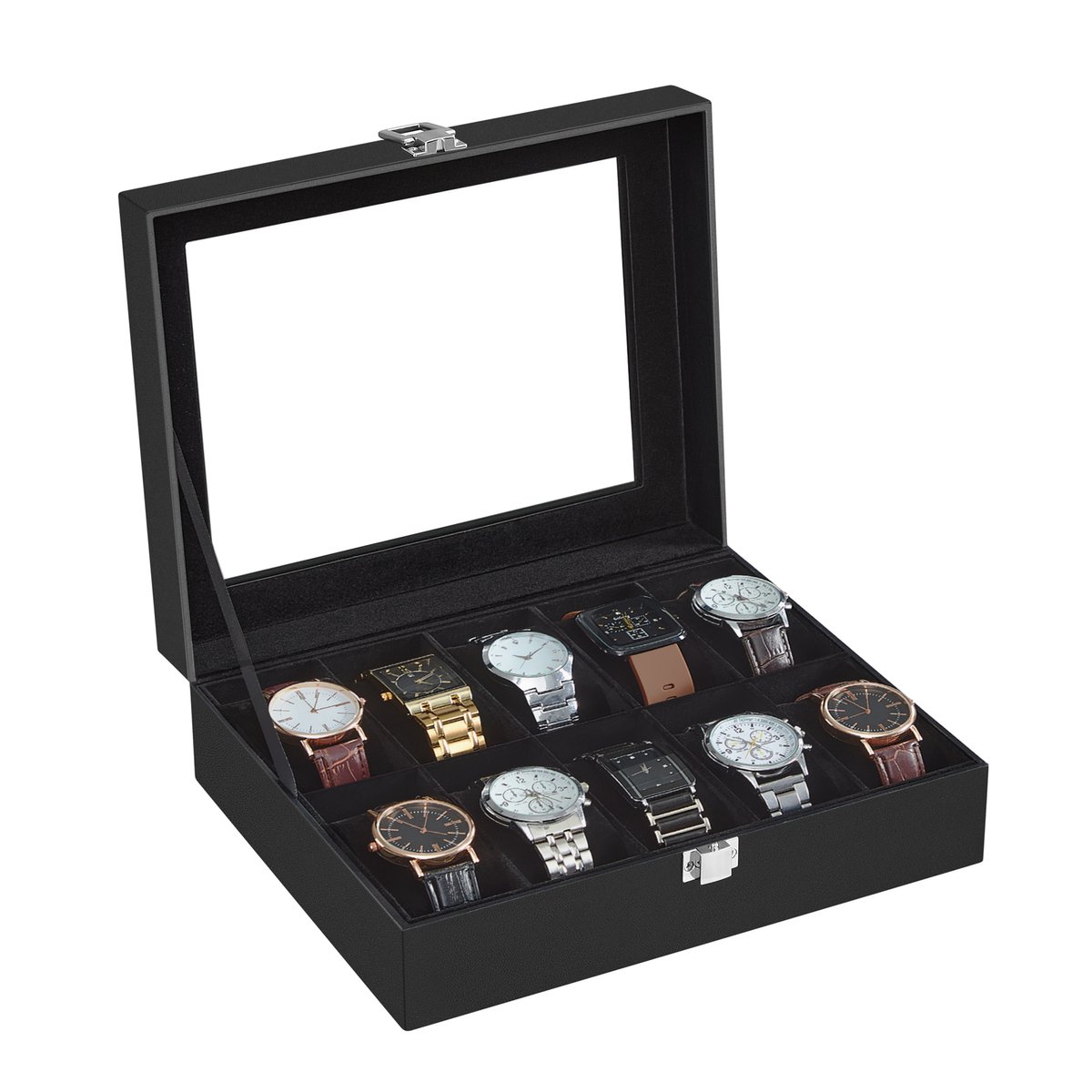 SONGMICS JWB010B02 - Horlogebox met 10 Vakken - Glazen Deksel - Uitneembare Horlogekussens