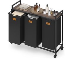 VASAGLE - Wasmand - Wasmand met Wieltjes - 3 Vakken - Met Opbergrek - 150 L Capaciteit