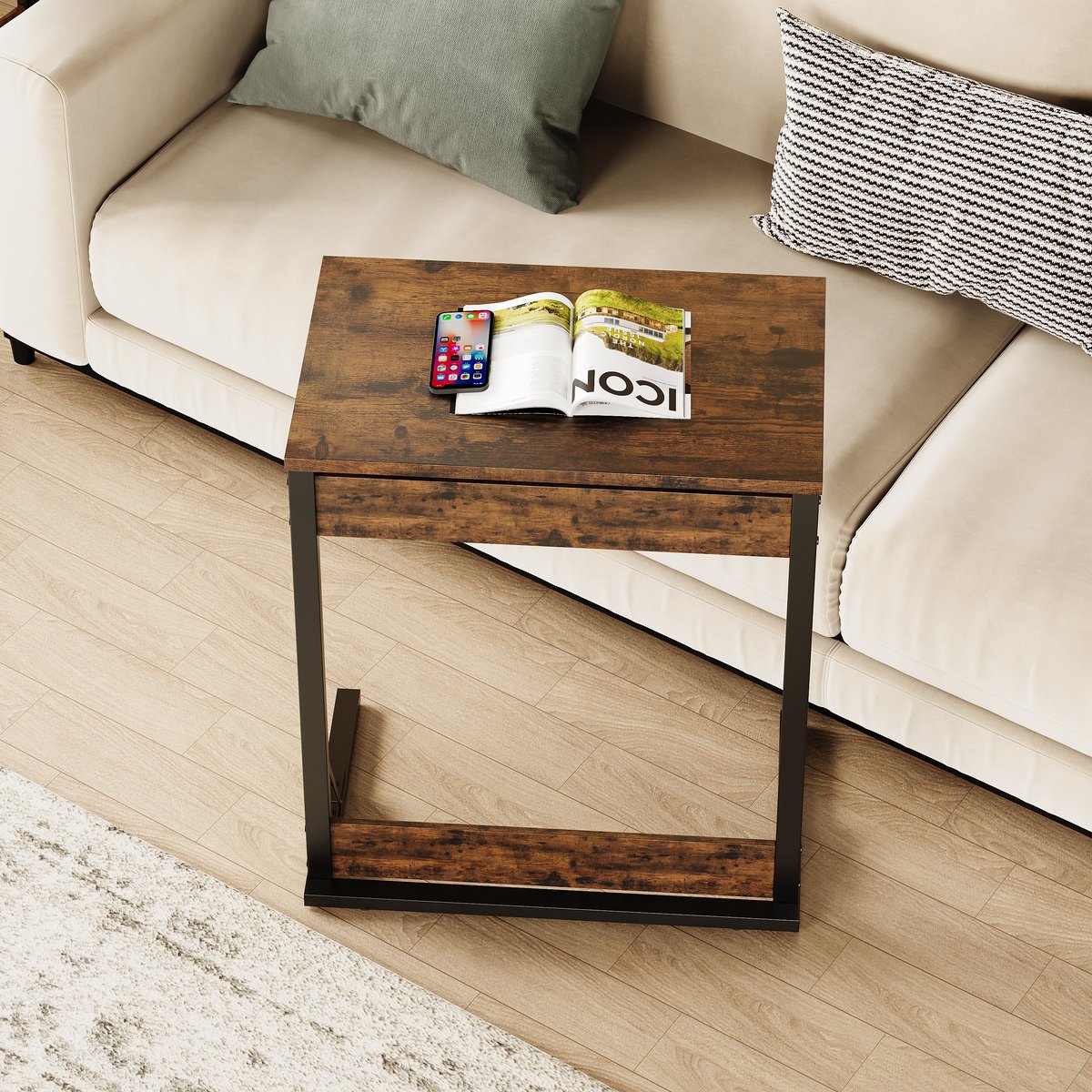 REDOM C-Vormige Bijzettafel - Inklapbaar En Verstelbare Voeten - Minimalistisch - Voor Woonkamer Of Slaapkamer - MDF En Metaal - Rustiek Bruin - 60 x 37 x 71 cm