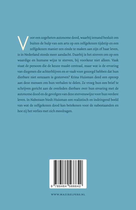Achterkant van een boek met tekst en een barcode. De tekst gaat over het leven na de autonome dood.