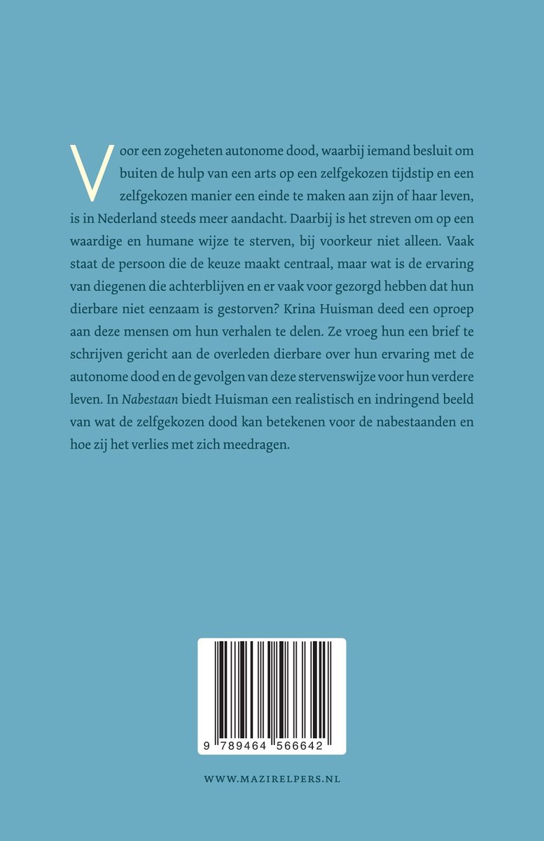 Achterkant van een boek met tekst en een barcode. De tekst gaat over het leven na de autonome dood.