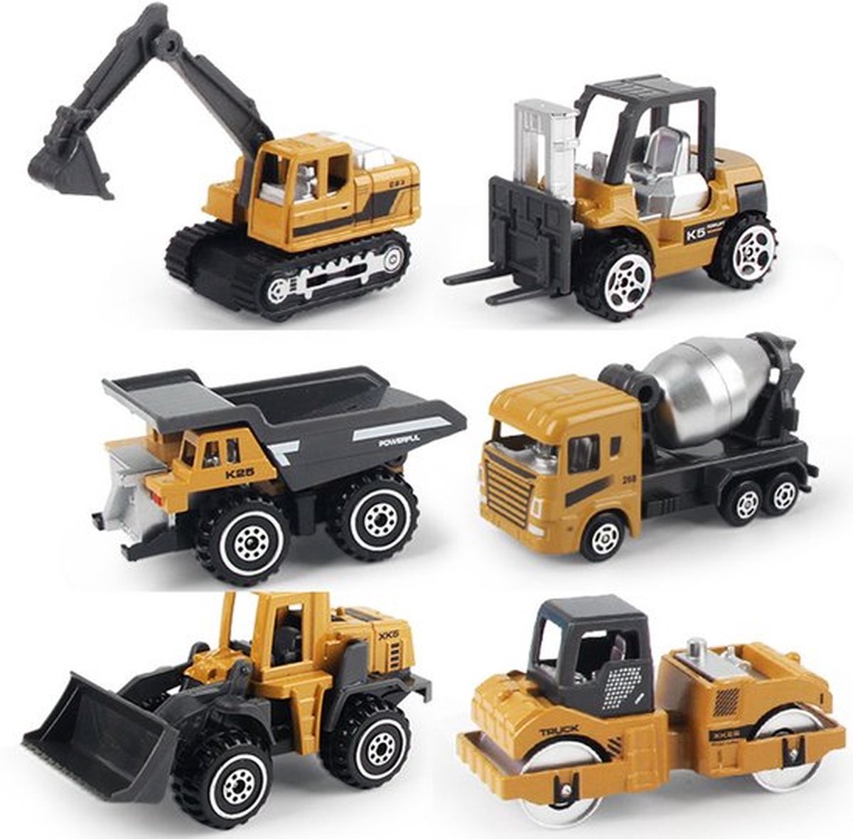 Speelgoedauto's - Bouwplaatsvoertuigen - Metalen plastic graafmachine voor kinderen vanaf 3 jaar - Set van 6 stuks - Speelgoed voor Halloween, Kerstmis, Verjaardag - Geel