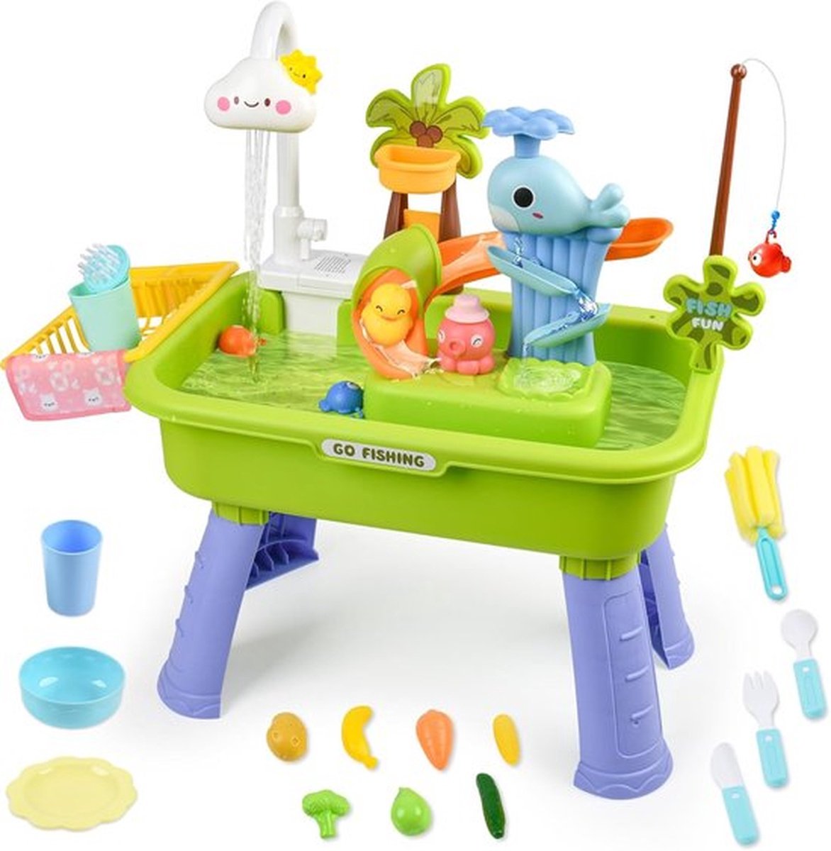 Watertafel Voor Peuters Van 4-13 Jaar, Watertafel Met Pomp, Speelgoedkeukenset Voor Kinderen Van 4-8 Jaar, Speelgootsteen Met Stromend Water En Elektrische Kraan, Inclusief Speelgroenten, Servies En Visspel (groente)