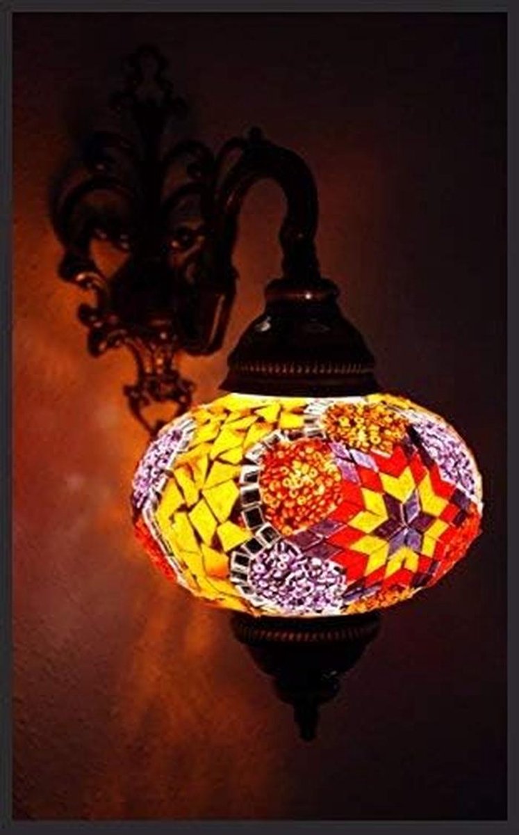 Wandlamp Mozaïek - Oosterse Lamp - Sfeerverlichting Woonkamer - 100% Handgemaakt - 34cm Hoog - Meerkleurig