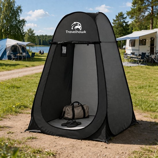 Travelhawk Pop-Up Tent - 1 Persoons - Douchetent - Wc Tent - Omkleedtent - 200cm x 120cm x 120cm - Voor Camping, Strand & Outdoor - Zwart van Travelhawk — afbeelding 2