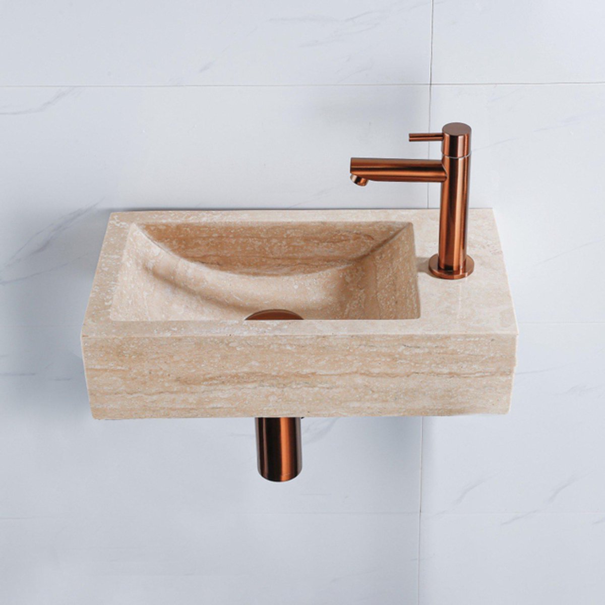 FugaFlow Eccelente Pietra Fonteinset - 40x22x10cm - kraangat rechts - fonteinkraan geborsteld koper PVD - afvoerplug - verlaagd sifon - gemeleerd natuursteen