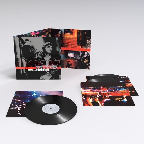 Dubbel LP hoes met Oasis 'Familiar to Millions' logo, met zwart vinyl en foto's van een concert. 