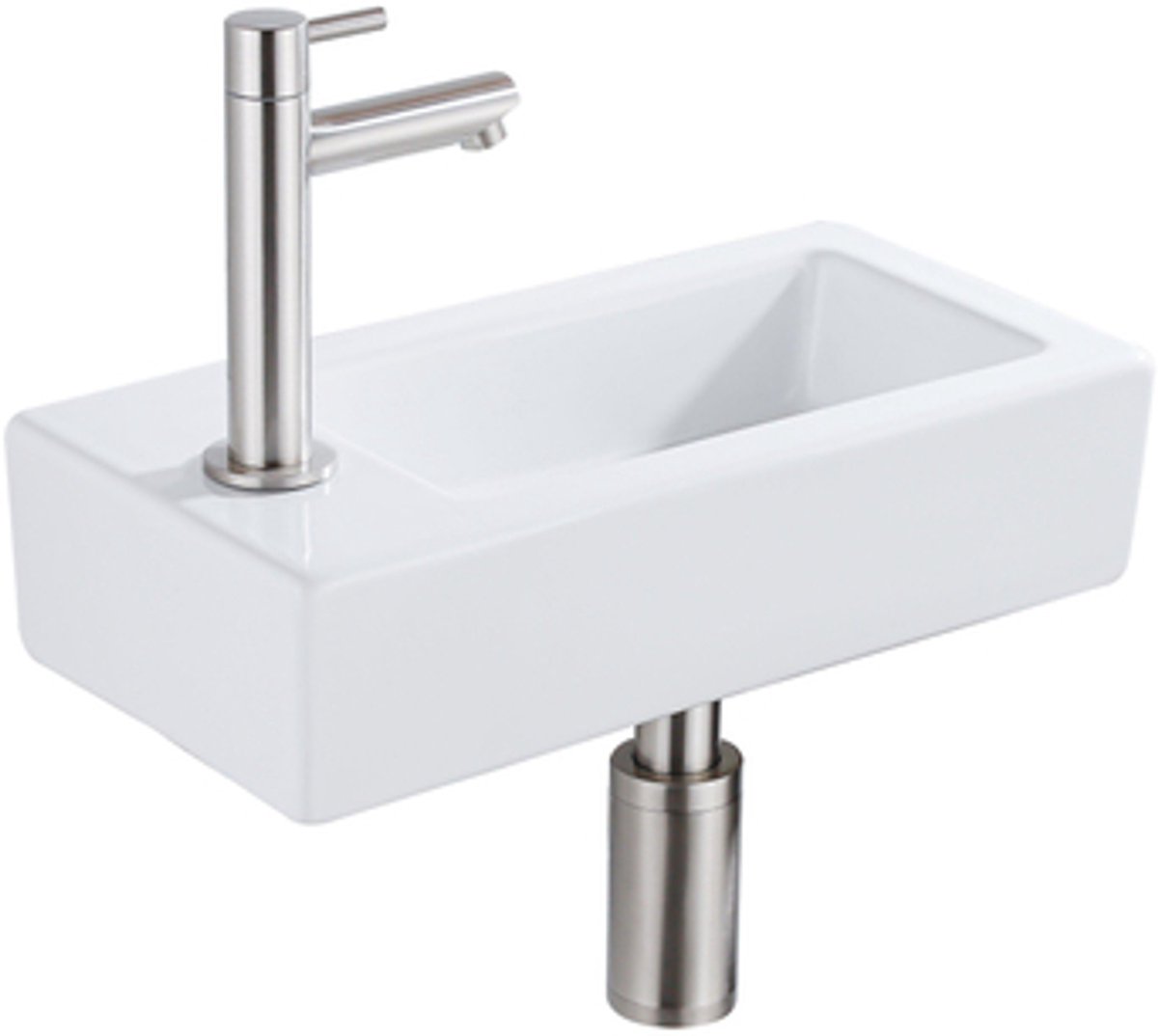 FugaFlow Efficiente Pietra Fonteinset - 37.5x18.5x9cm - keramiek - kraangat links - fonteinkraan geborsteld RVS - afvoerplug - verlaagd sifon - Glans wit