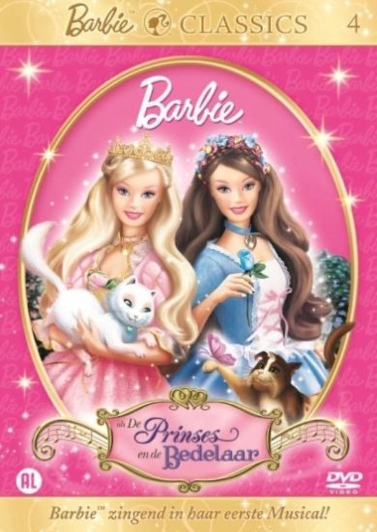 Barbie en een kat in een roze jurk, met naast zich een hond en een andere Barbie met een blauwe jurk. Titel: Barbie, De Prinses en de Bedelaar.