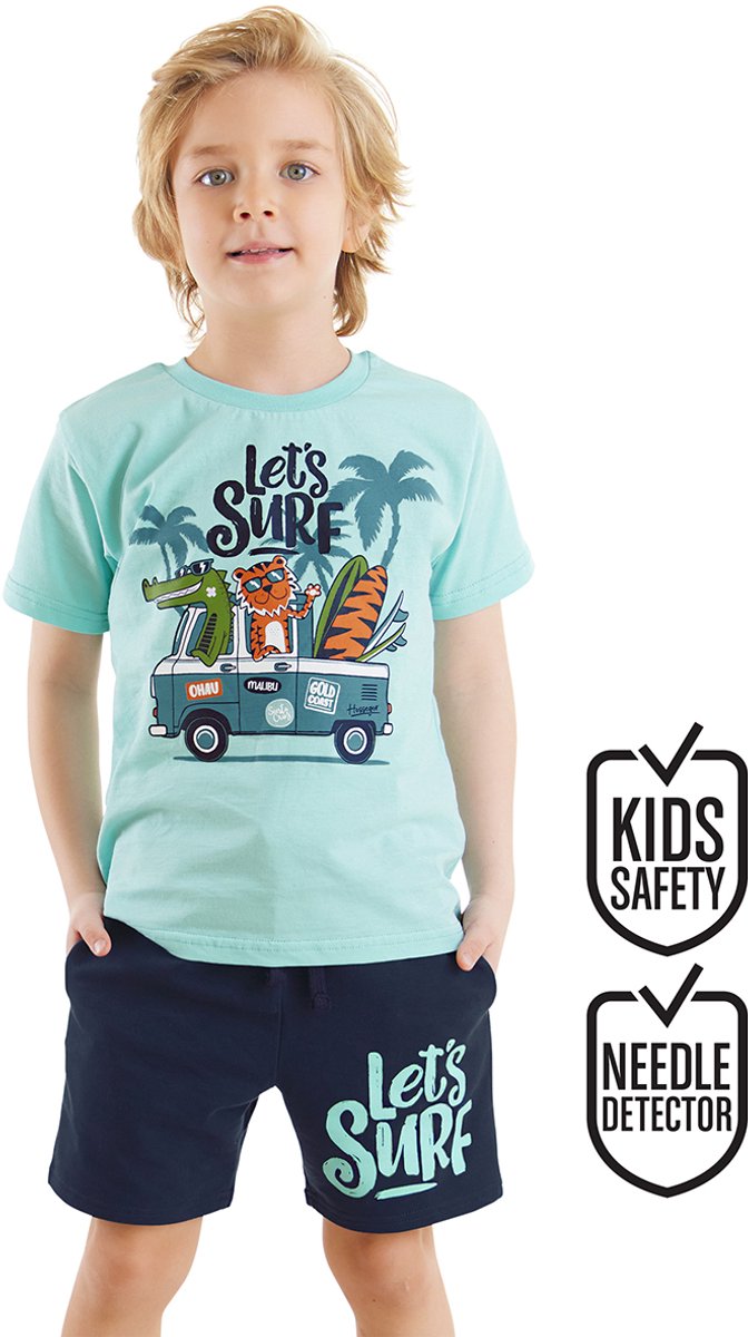 Denokids CFF-24Y2-009 Blauwe Jongens T-Shirt en Shorts Sett met "Lets Surf" Print 104