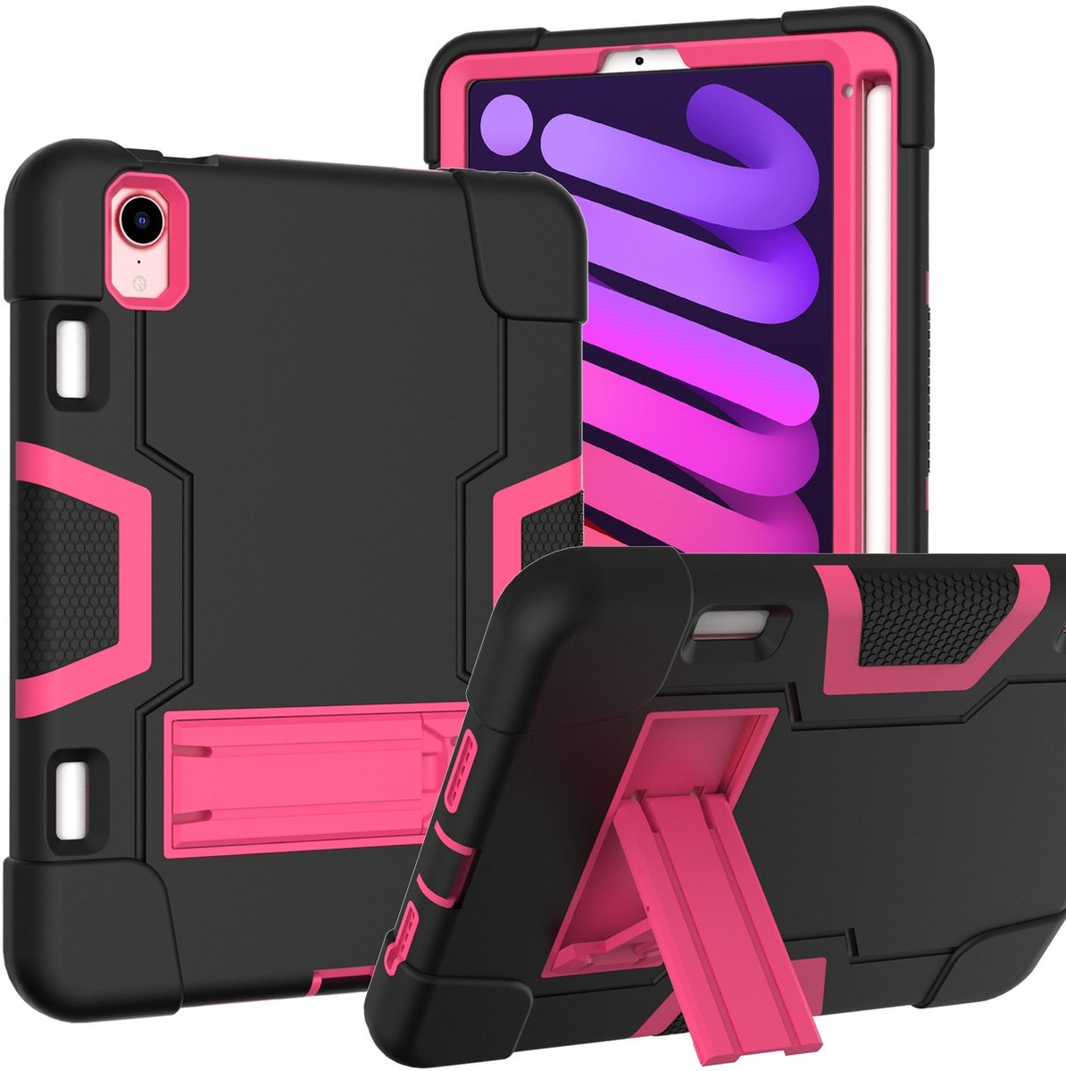Tablethoes geschikt voor Apple iPad Mini 6 & 7 (8.3 inch) – Zwart / Roze – Met standaard