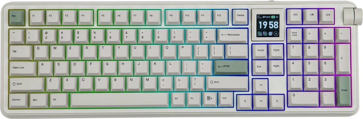 EPOMAKER RT100 Pro - Mechanisch Draadloos Toetsenbord - 100% - QWERTY - Retro Mechanical Keyboard met Draaiknop en Mini Scherm - Flamingo Switch - Retro White