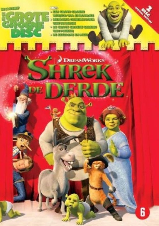 Shrek de Derde poster met Shrek, Fiona, Donkey, Puss in Boots en baby's.
