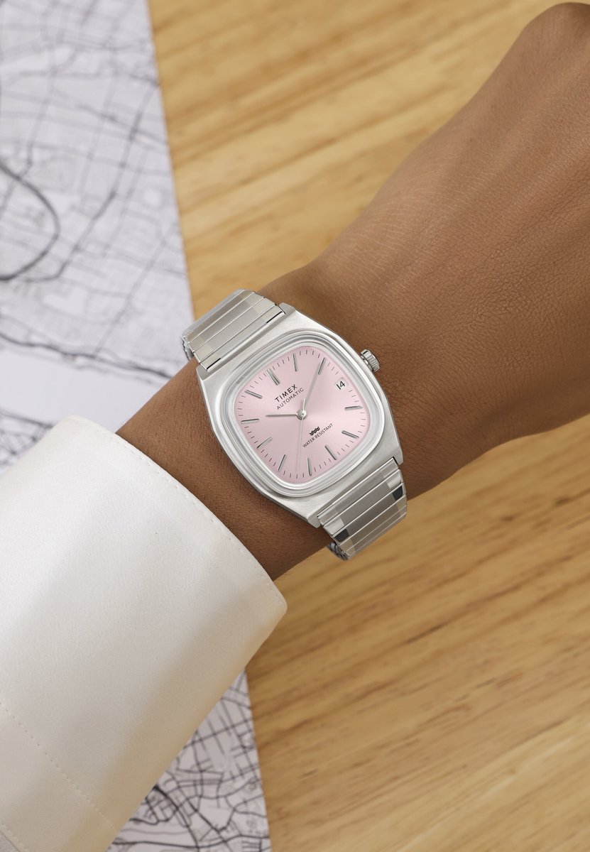 Timex Timex® Automatic 1983 E Line Mechanisch Automatisch Horloge Roze En Zilveren Tint Kast: 100% Roestvrij Staal | Armband: 100% Roestvrij Staal 34 mm TW2Y66700AJ, TW2Y66800AJ