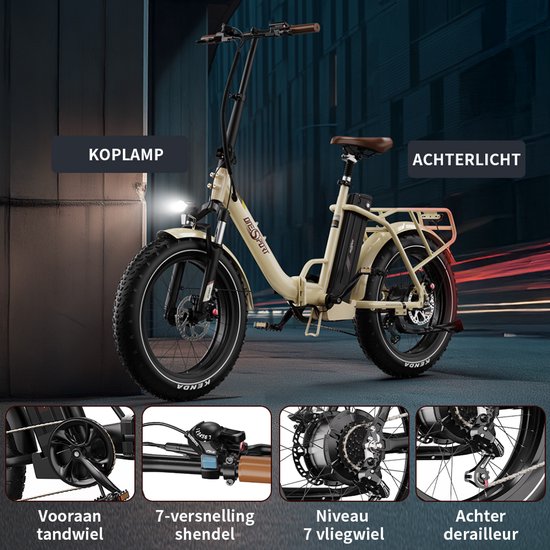 ONESPORT OT16Max Opvouwbare Elektrische Fiets - 864Wh Accu - Actieradius tot 120 km –20×4.0 Inch Fatbike - Aluminium Lage Instapframe - Shimano 7 Versnellingen - Hydraulische Schijfremmen - Max. Belasting 120 kg - Stads E-bike - Crèmewit van ONESPORT — afbeelding 3