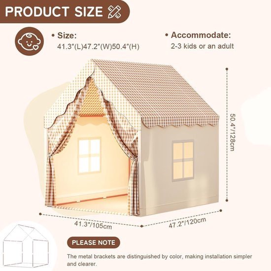 Kindertent speelhuis - Binnen en buiten speeltent met ramen, driehoekige structuur en stevig metalen frame - Kinder bedtent en speelhuis voor jongens en meisjes - Polyester doek - 105 × 120 × 128 cm - Beige — afbeelding 4