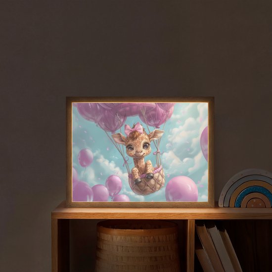 Nachtlampje 40x30 cm - Kinder lamp - Luchtballon - Giraf - Ballon - Wolken - Paars - Tafellamp kinderkamer draadloos - Slaapkamer lampje - Bedlamp kinderen - Kinderlampje - Wandlamp babykamer - Nachtlampjes van Merkloos — afbeelding 2