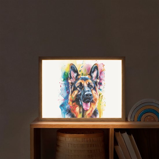 Nachtlampje 40x30 cm - Kinder lamp - Hond - Verf - Dieren - Kleurrijk - Duitse Herder - Tafellamp kinderkamer draadloos - Slaapkamer lampje - Bedlamp kinderen - Kinderlampje - Wandlamp babykamer - Nachtlampjes van OnlyWow — afbeelding 2