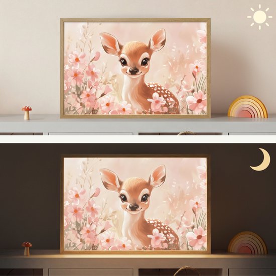 Nachtlampje 60x40 cm - Kinder lamp - Hertje - Illustratie - Bloemen - Roze - Tafellamp kinderkamer draadloos - Slaapkamer lampje - Bedlamp kinderen - Kinderlampje - Wandlamp babykamer - Nachtlampjes van Merkloos — afbeelding 4