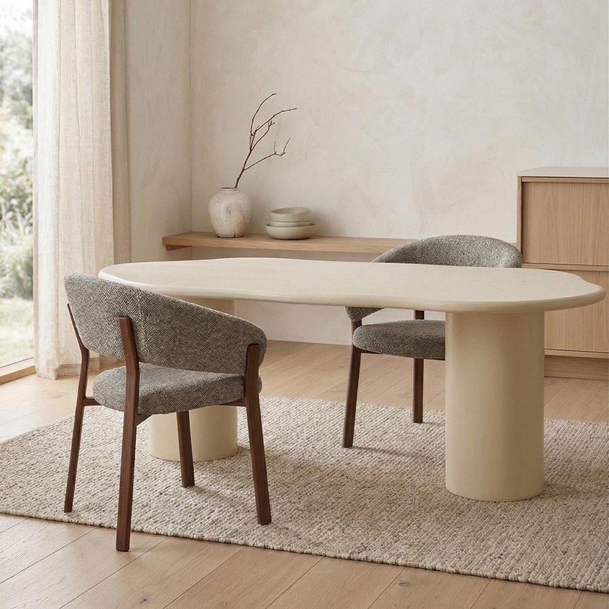 Eettafel Organisch Savannah Microcement Cilinderpoot 210 cm Beige Mahom Industrieel - Dinertafel van Mangohout & Metaal - Industriële Eettafel
