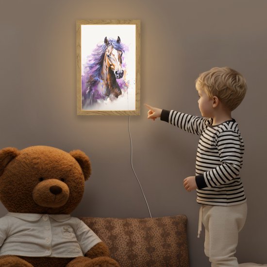 Nachtlampje 20x30 cm - Kinder lampje - Paard - Dieren - Meiden - Paars - Bruin - Tafellamp kinderkamer - Slaapkamer lamp - Bedlamp kinderen - Kinderlampje stopcontact - Wandlamp babykamer - Nachtlampjes van Merkloos — afbeelding 5