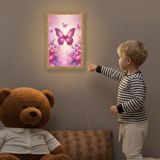 Nachtlampje 20x30 cm - Kinder lampje - Vlinder - Roze - Bloemen - Tafellamp kinderkamer - Slaapkamer lamp - Bedlamp kinderen - Kinderlampje stopcontact - Wandlamp babykamer - Nachtlampjes van Merkloos — afbeelding 5