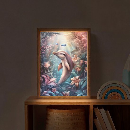 Nachtlampje 30x40 cm - Kinder lamp - Dolfijn - Vissen - Onderwaterwereld - Bloemen - Tafellamp kinderkamer draadloos - Slaapkamer lampje - Bedlamp kinderen - Kinderlampje - Wandlamp babykamer - Nachtlampjes van Merkloos — afbeelding 2