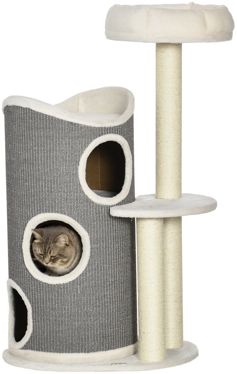 Krabpaal – Kattenboom – Krabmeubel – Kattenhuis – Kattentoren – Met Speeltunnel – Natuurlijke Sisal Bekleding – 109 cm Hoog – Grijs-Naturel-Wit
