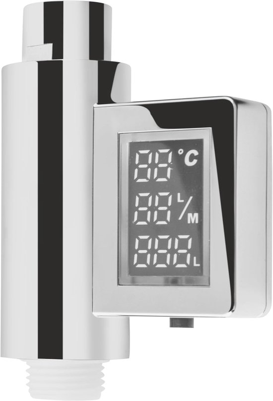 Chrome douchewaterverbruiksmeter met digitaal display dat 30°C, 80% en 8.0L aangeeft.