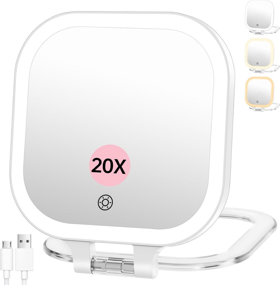 Oplaadbare Make-up Spiegel met 1x/20x Vergroting, Touch Dimbare LED Verlichting