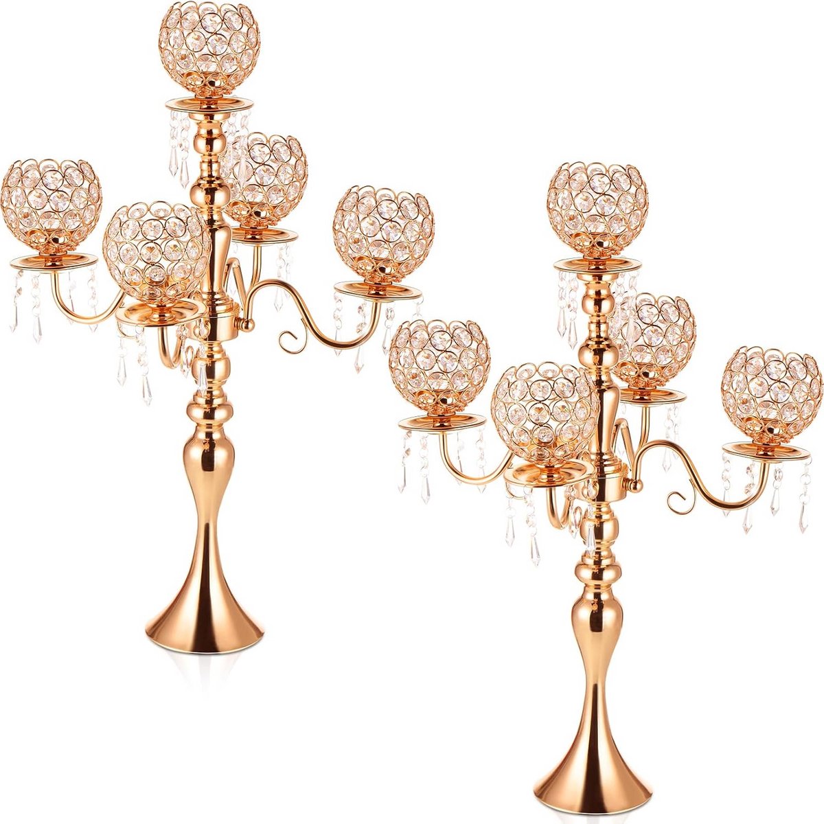 2x Luxe Gouden Kandelaar Vloerstandaard met Kristallen Hangers - 66 cm Hoog - Bruiloft & Diner Decoratie