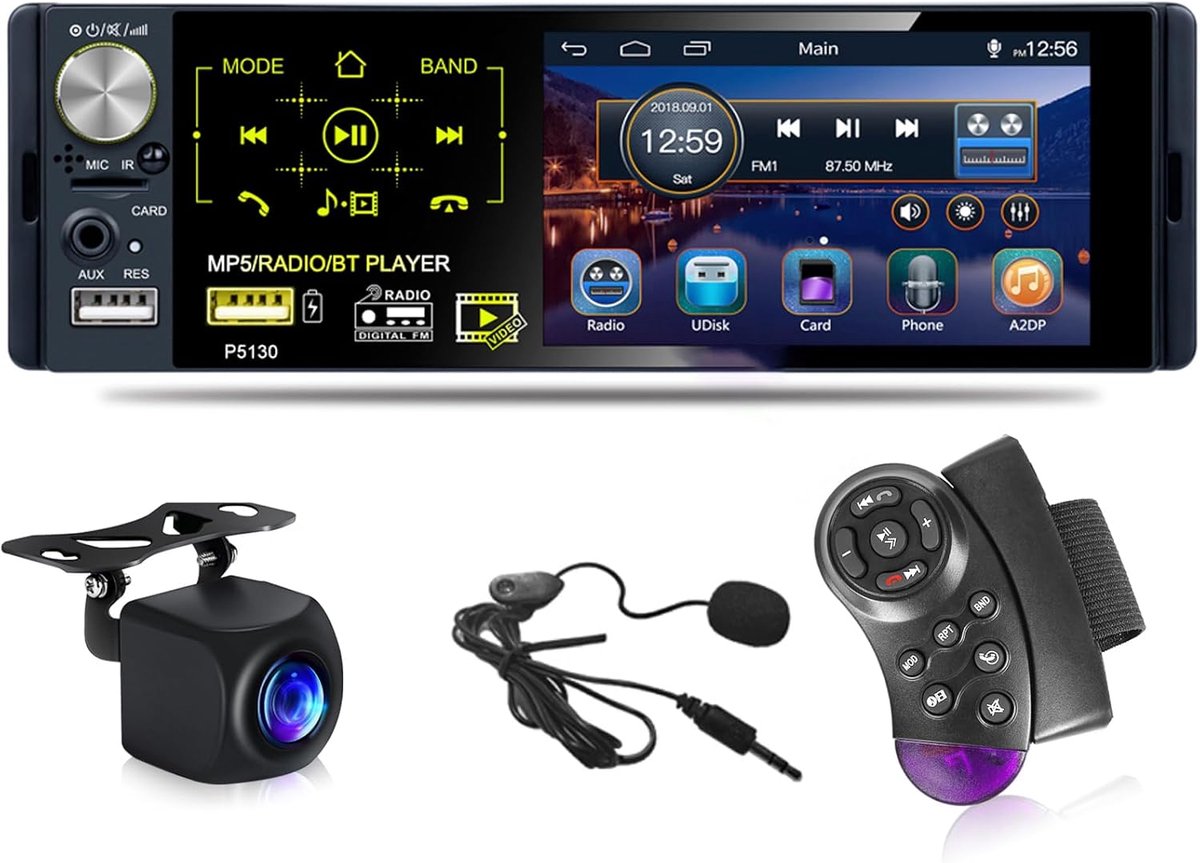 1 DIN Autoradio met 4.1 inch Touchscreen, Bluetooth, FM/AM/RDS en Achteruitrijcamera