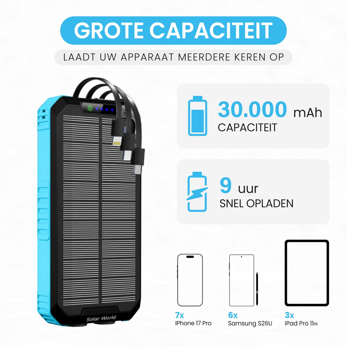Solar Powerbank 30.000 mAh met Ingebouwde Kabels en - afbeelding 3