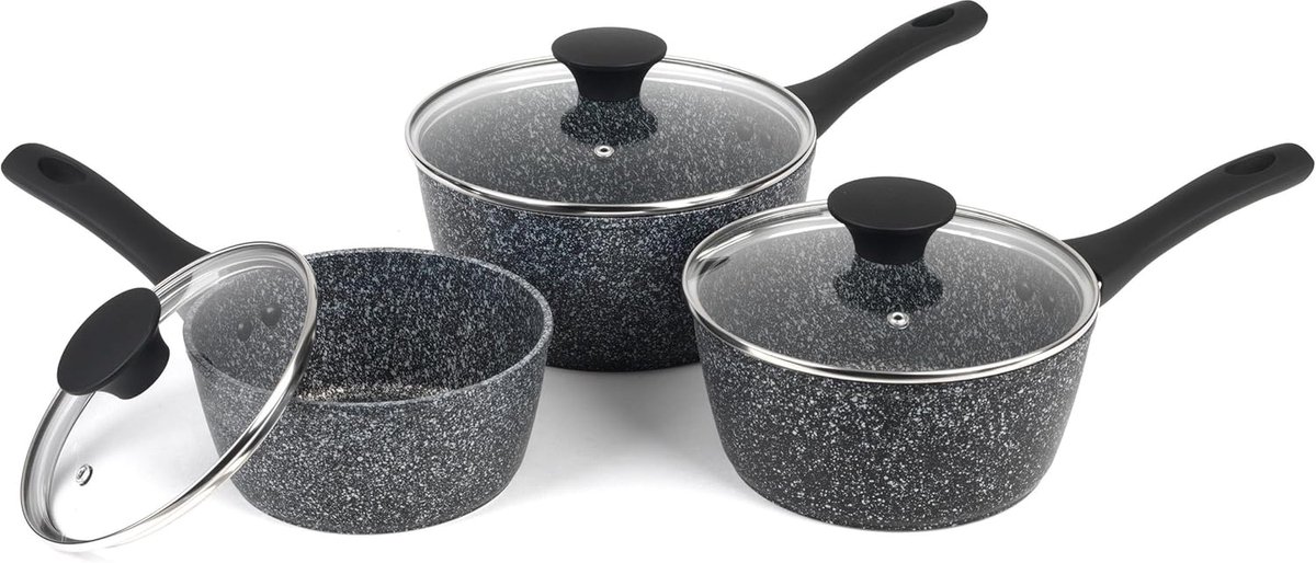 3-delige Steelpan Set met Deksel - Extra Sterke Antiaanbaklaag en Hitte-indicator