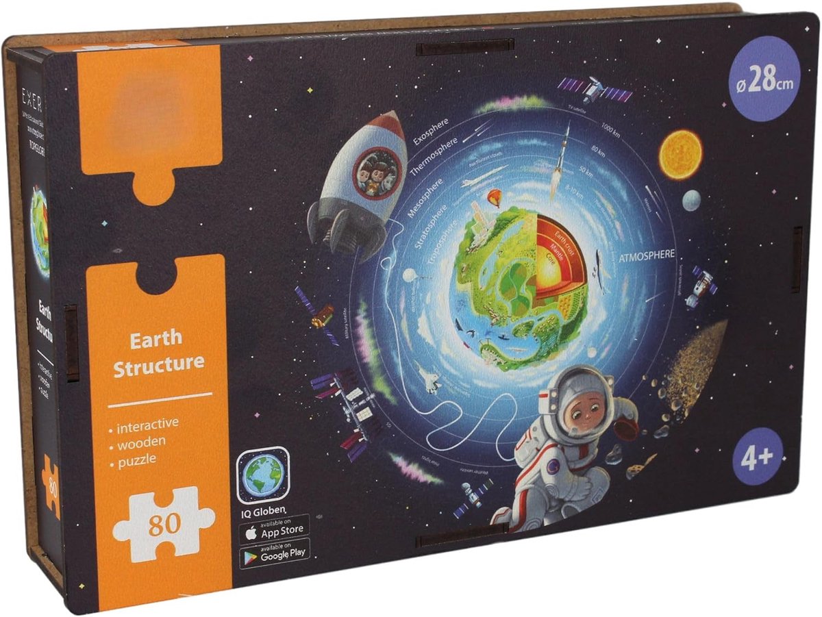 Houten Ronde Puzzel Aarde en Ruimte - 80 Stuks Interactieve Wereldkaart met AR Functie