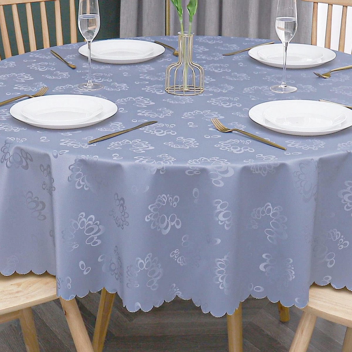Ronde Tafelkleed PVC Waterdicht en Vlekbestendig Restaurant Buiten Gebruik Bloem Blauw