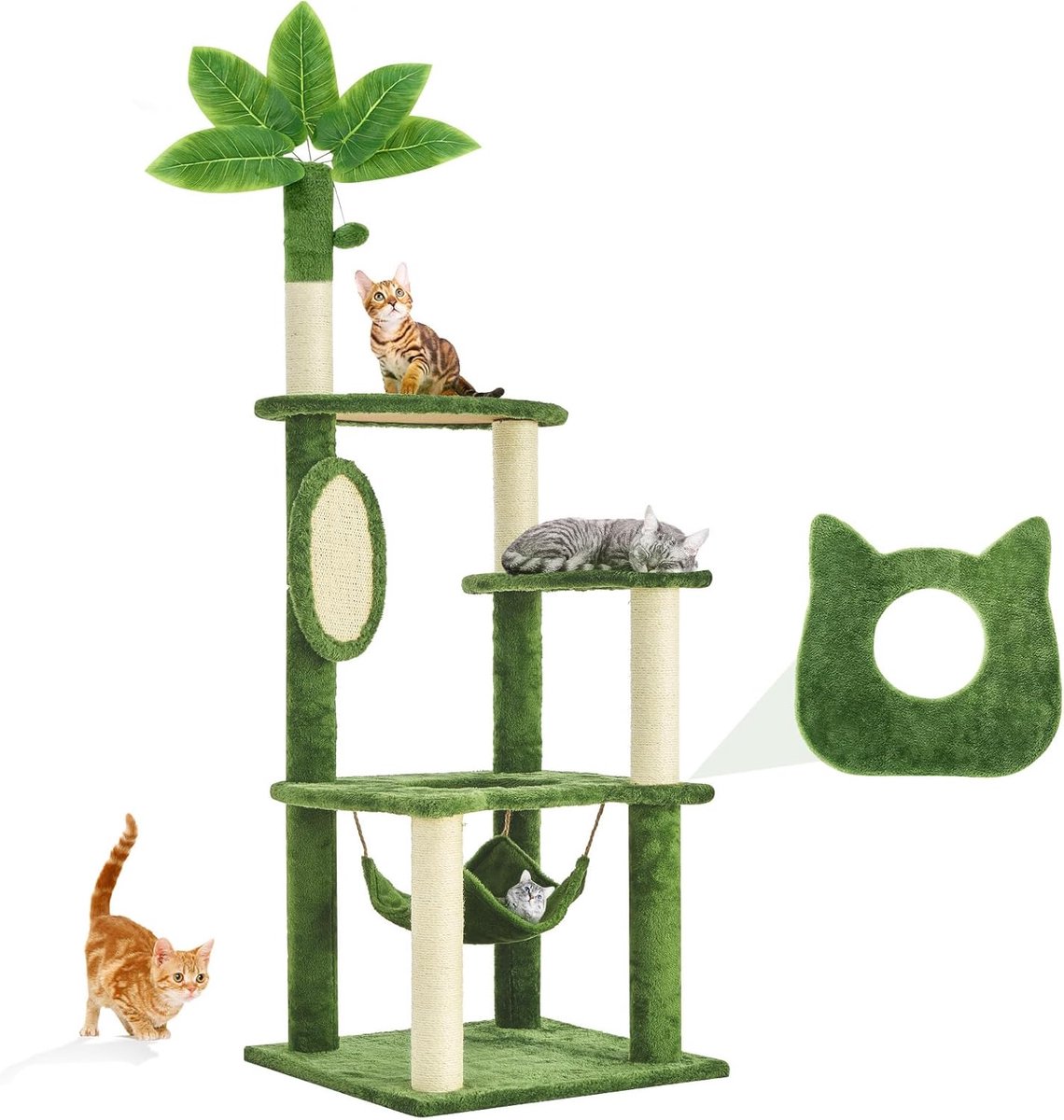 Grote Kattenboom van 140 cm met Groene Bladeren, Hangmat en Sisal Krabpalen