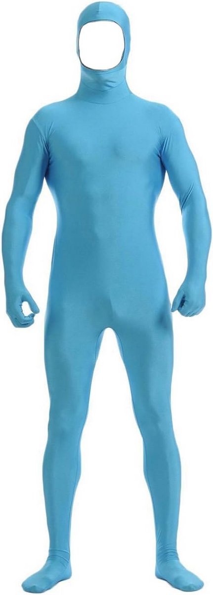 Blauwe Spandex Zentai Bodysuit met Gezichtsopening, Stretch Kostuum voor Volwassenen en Kinderen
