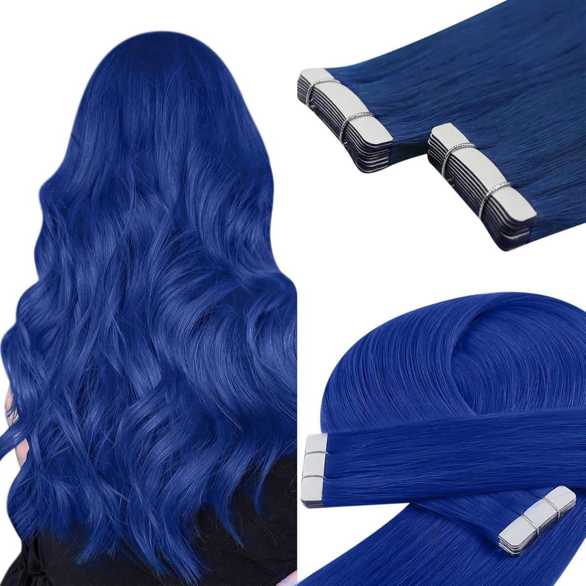 Tape-extensions van Echt Haar - 25 gram - 55 cm Lang - Glad - Blauw